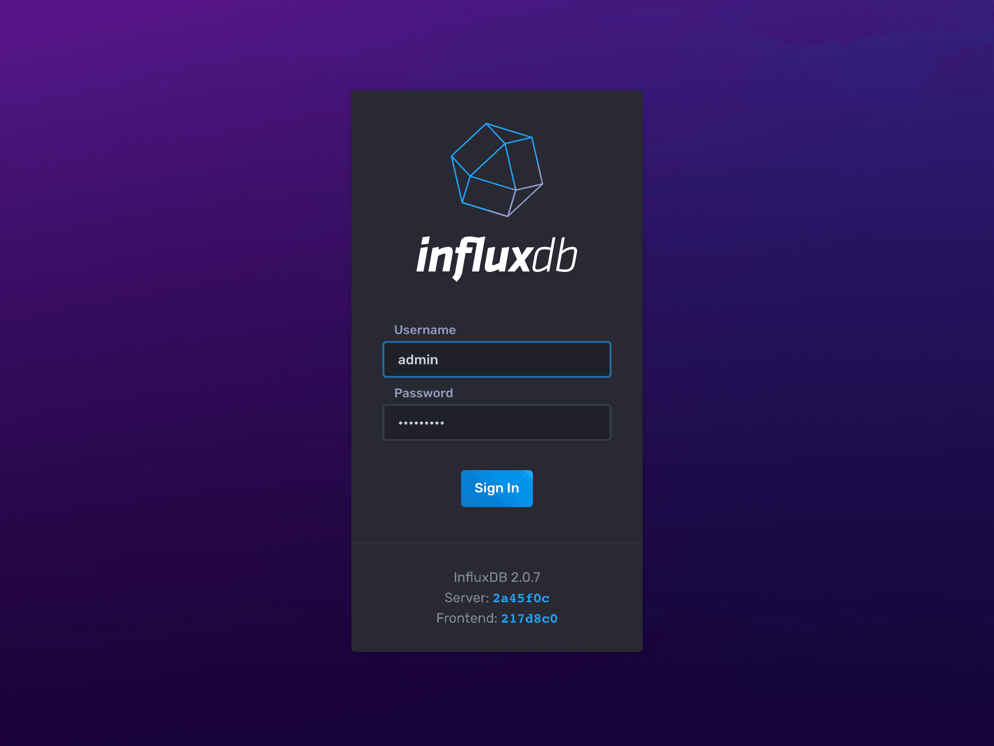 Influx Web UI login page