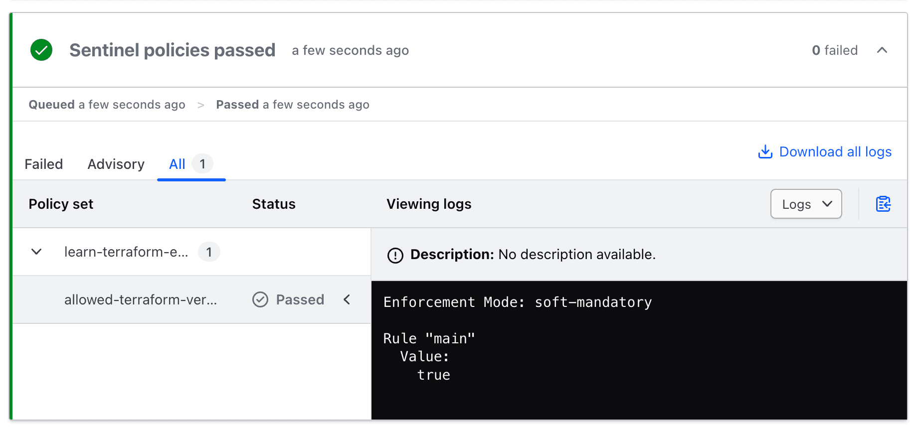 HCP Terraform run policy check passed