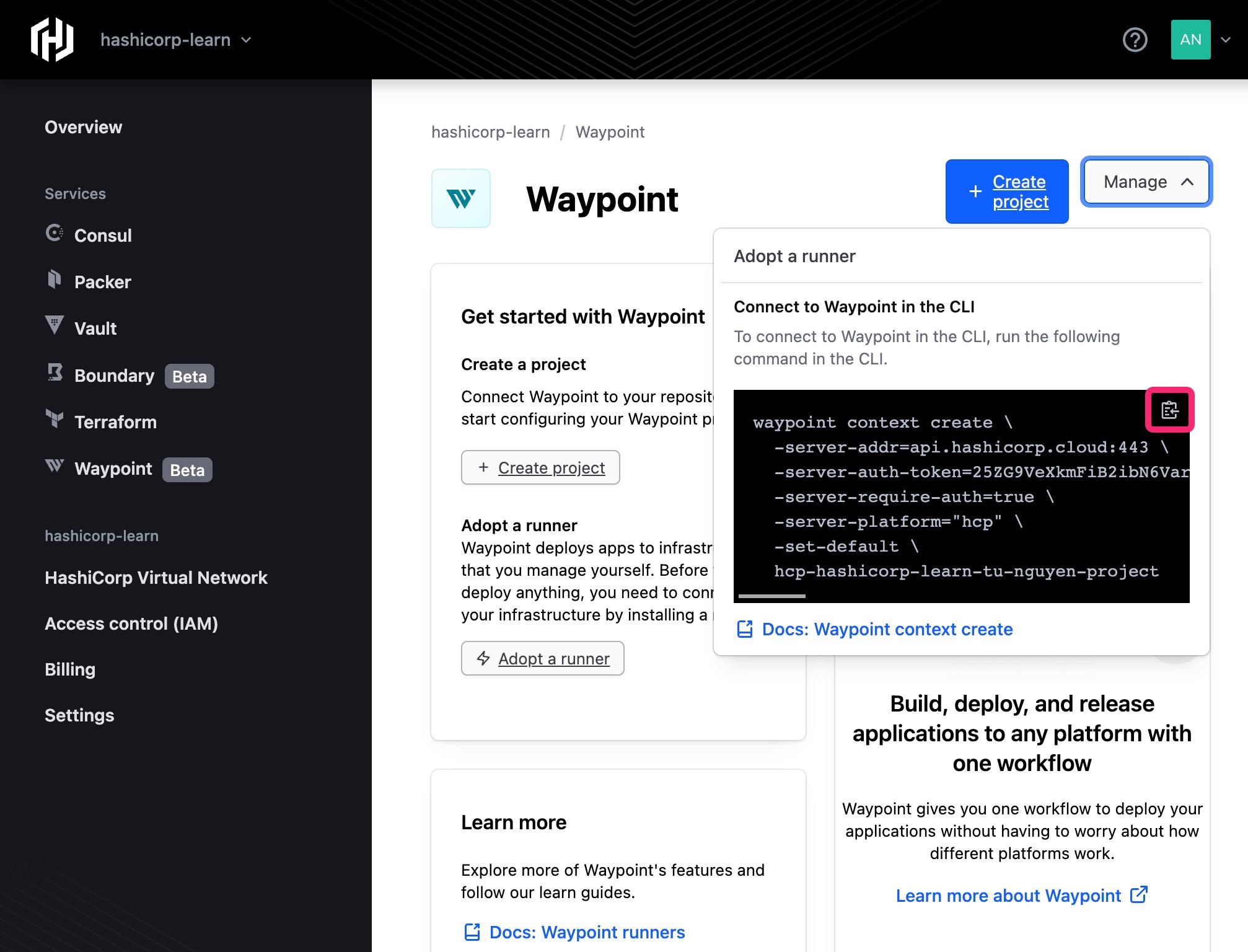 Copy the command from HCP Waypoint to create a local context